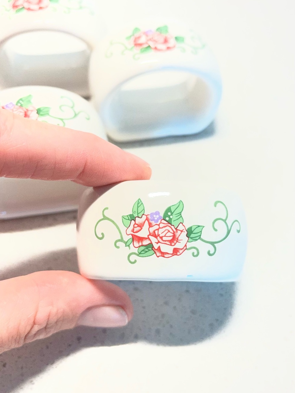 White Floral Ceramic Napkin Rings - Pink Rose Design (Set of 4)